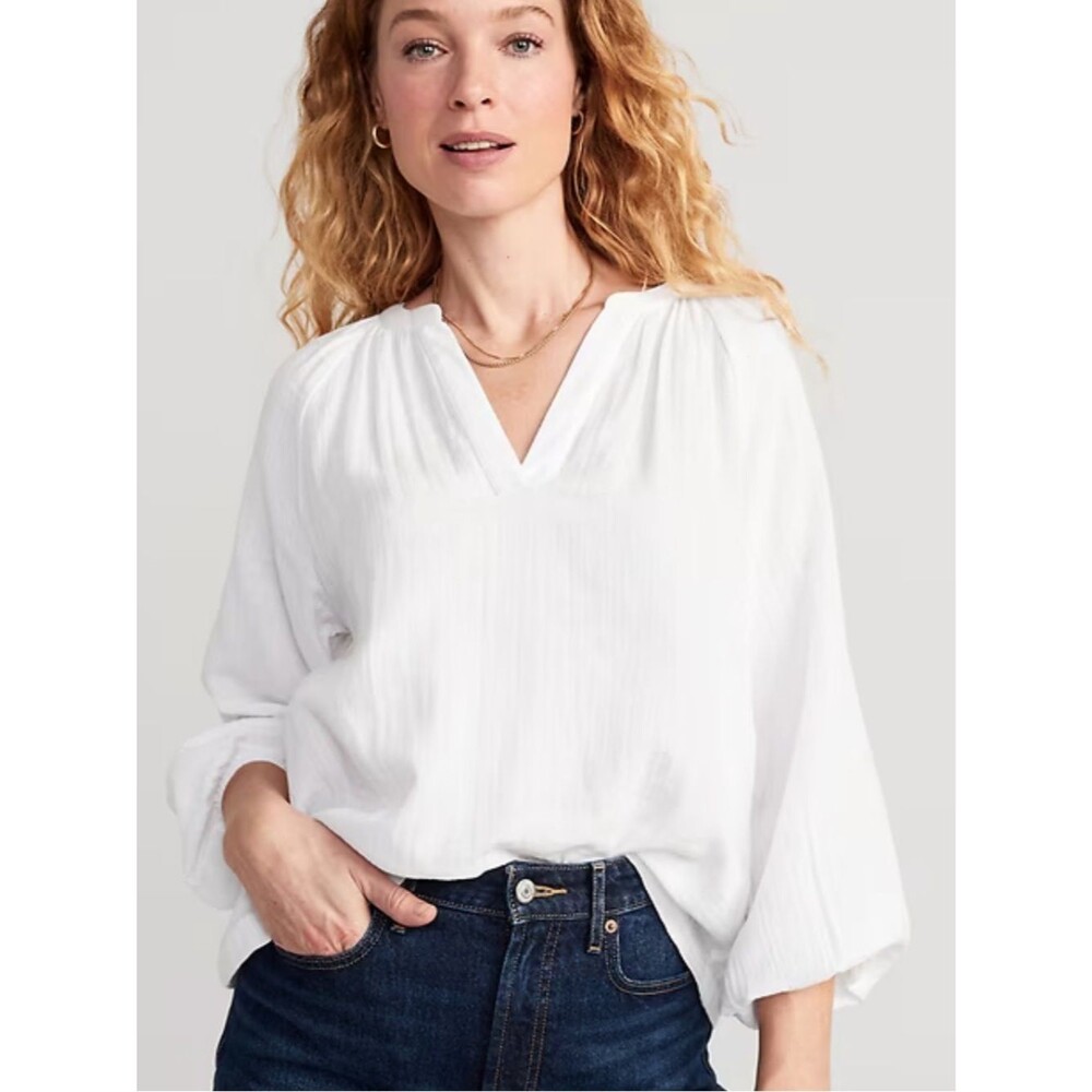 Old Navy White gauze oversized V-Neck Relaxed Peasant long sleeve Top